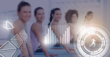 Athletic dijital bileşik kadınların grup salonunda sağlık arayüzü ile uygun