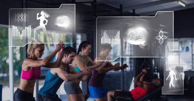 Athletic dijital bileşik bir grup insan spor salonunda sağlık arayüzü ile uygun