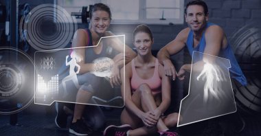Athletic dijital bileşik insanların spor salonunda sağlık arayüzü ile uygun