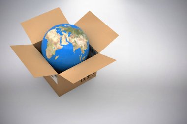 Dünyanın gri bir arka plana dayanır karton kutu içinde 3D görüntü vektör