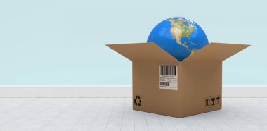 küre mavi duvar ahşap döşeme tarafından karşı karton kutu içinde 3D çizimi