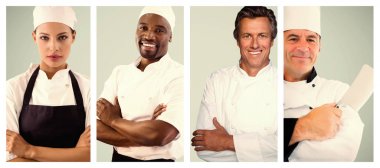 Kolları beyaz arka plan üzerinde çarpı işareti olan kadın şef portresi