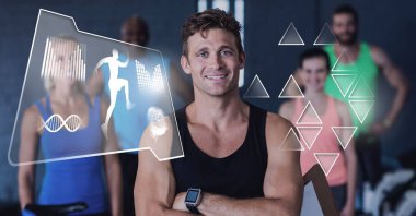 Athletic dijital bileşik bir grup insan spor salonunda sağlık arayüzü ile uygun