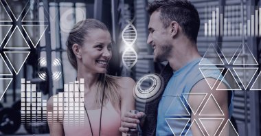 Athletic dijital bileşik insanların spor salonunda sağlık arayüzü ile uygun