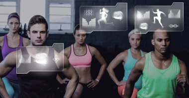 Athletic dijital bileşik bir grup insan spor salonunda sağlık arayüzü ile uygun