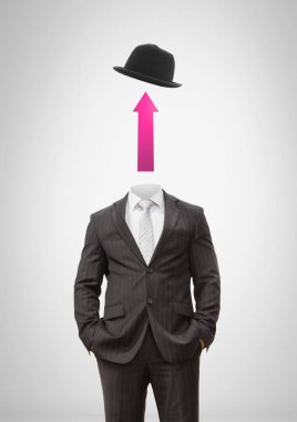 Digital composite of Headless man with surreal floating hat and up arrow clipart