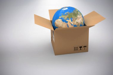 3D görüntü, gri bir arka plana dayanır kahverengi karton kutu içinde de dünya