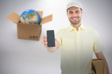 3D cep telefonu gri arka plan karşı gösterilen yakışıklı teslimatçı