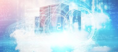 Dijital görüntü objektif arabirimi sunucu rafları gökyüzü ve bulut karşı karşı oluşturulan