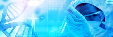 Mavi dna sarmalının bir tehlikeli sıvı test tüpleri içinde bakarak korumalı bilim adamı karşı tıbbi geçmişi ile