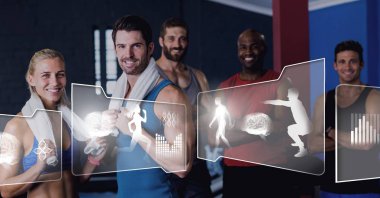 Athletic dijital bileşik bir grup insan spor salonunda sağlık arayüzü ile uygun