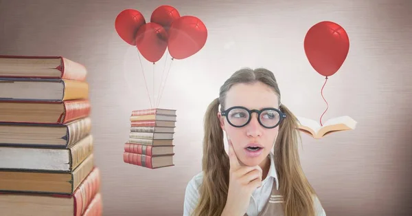女性戴眼镜的数字合成超现实主义气球上的浮动书 — 图库照片