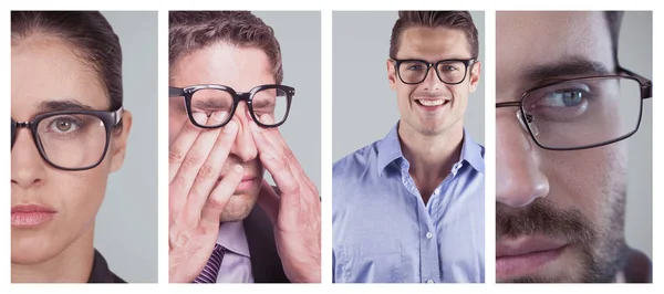 Close Van Vrouw Dragen Van Bril Tegen Witte Achtergrond — Stockfoto