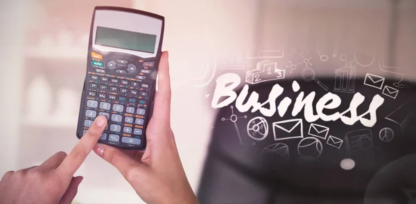 Hands Businesswoman Using Calculator Business Text Surrounded Icons Black Background — Stock Photo, Image