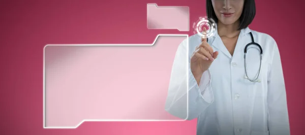 Mid Section Female Doctor Touching Invisible Screen Abstract Maroon Background — Stock Photo, Image