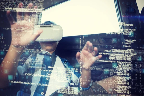 Image Data Boy Using Virtual Reality Headset While Sitting Car — Stock Photo, Image