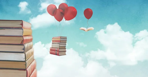 Digital Composite Floating Books Balloons Surreal Sky — Stock Photo, Image