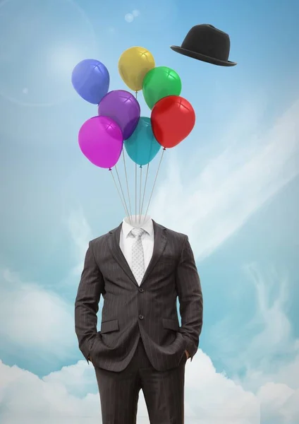 Composto Digital Homem Sem Cabeça Com Chapéu Flutuante Surreal Balões — Fotografia de Stock