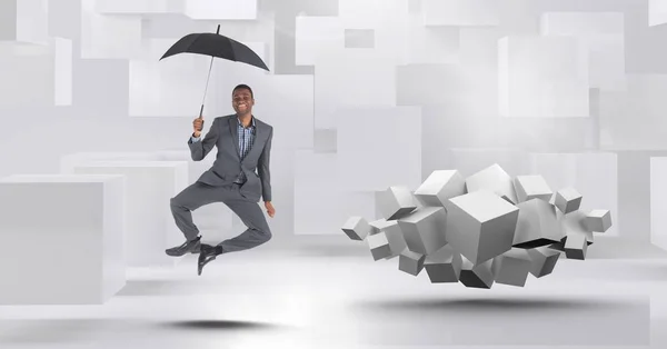 Digitale Composiet Van Man Met Paraplu Zweven Naast Geometrische Surrealistisch — Stockfoto