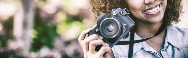 Portrait Smiling Woman Digital Camera Standing Park — Stock Photo, Image