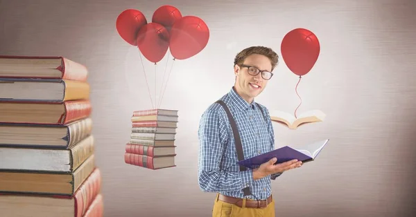 Compuesto Digital Hombre Con Gafas Con Libros Flotantes Sobre Globos — Foto de Stock