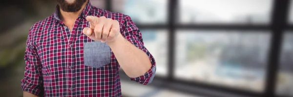 Mid Section Man Pointing View Modern Buildings Office Window — Stock Photo, Image