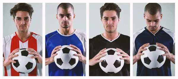 Composite Image Portrait Confident Athlete Holding Football — Stock Photo, Image