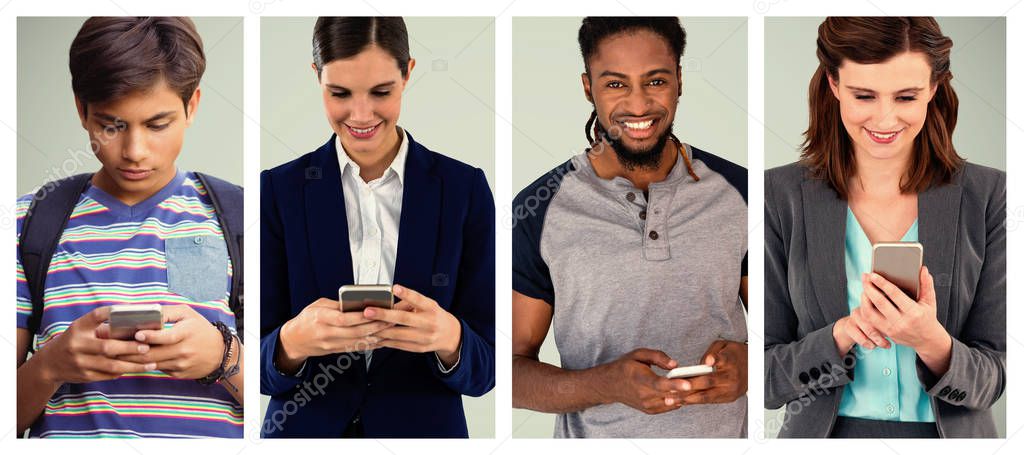 Collage of people using phone against white background