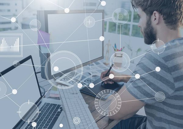 Digital composite of Business Overlay Interface with man and computer