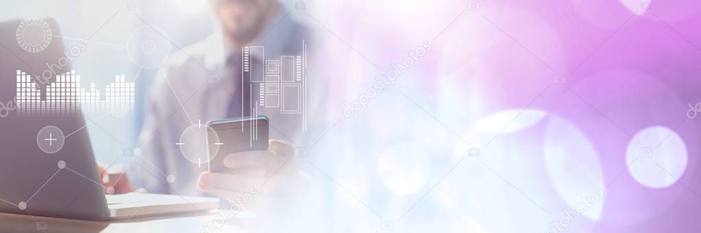 Digital composite of Business Overlay Interface with businessman and phone with transition