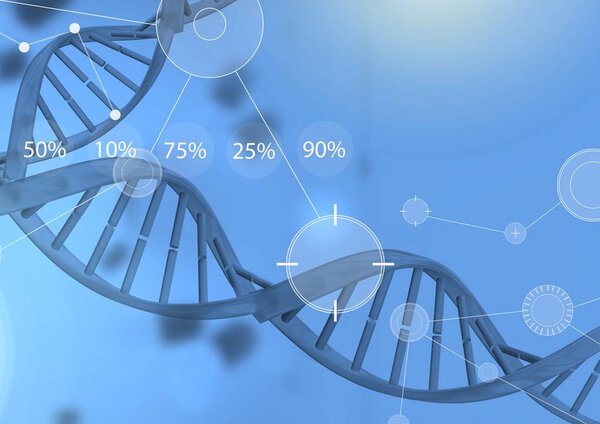 Digital composite of Interface overlay of connection statistics graphics with medical science DNA genetics background