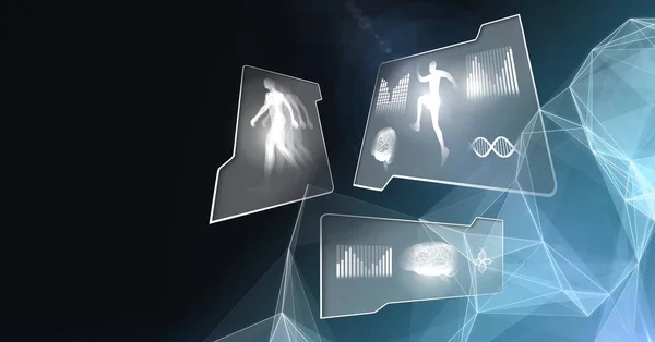 Digital composite of Human health and fitness interface and polygon shapes glowing background