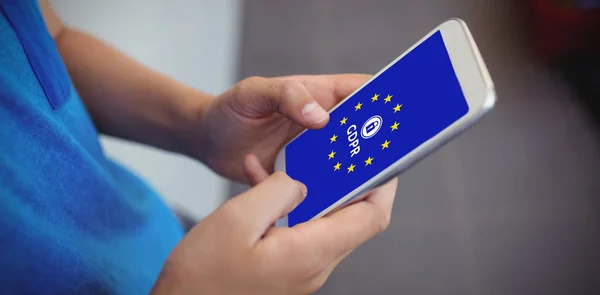 Unión Europea Bloqueado Contra Colegial Usando Teléfono Móvil Corredor Escuela — Foto de Stock