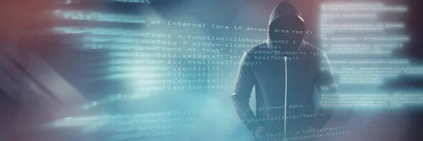 Hombre Hacker Sudadera Con Capucha Negro Pie Contra Código Azul —  Fotos de Stock