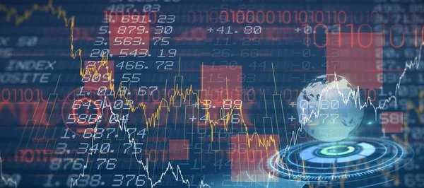 Digitally generated image of earth with illuminated trail against stocks and shares