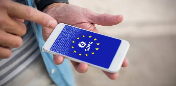 Europea Bloqueado Gdpr Contra Sección Media Del Hombre Usando Teléfono — Foto de Stock