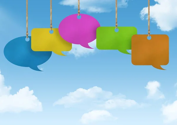 Digital Composite Hanging Paper Speech Bubbles Sky Background — Stock Photo, Image