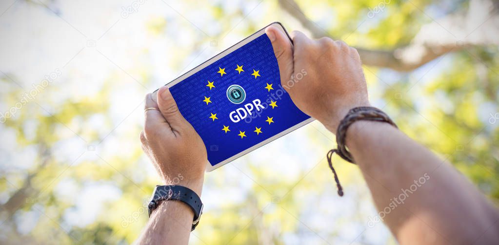 European Union locked against cropped hands using digital tablet