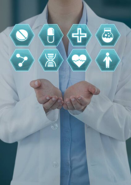 Digital composite of Doctor interacting with medical hexagon interface