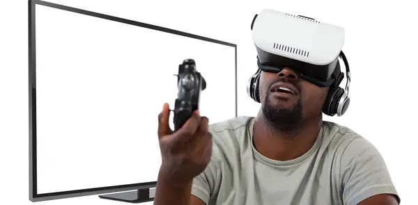 Uomo Che Utilizza Cuffie Realtà Virtuale Giocare Videogioco Contro Monitor — Foto Stock