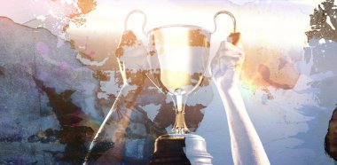 Rusty weathered wall against cropped image of hands holding trophy clipart