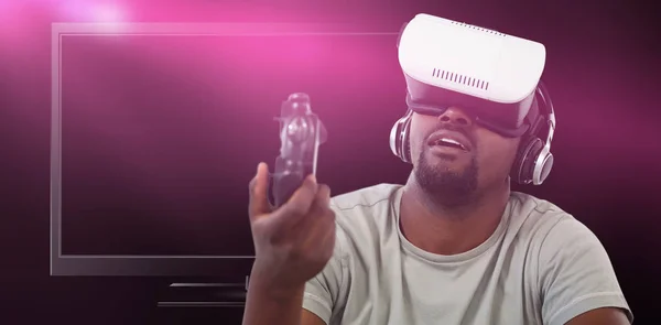 Homem Usando Fone Ouvido Realidade Virtual Jogando Videogame Contra Close — Fotografia de Stock