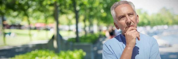 Close Thoughtful Senior Man Hand Chin Blur View Park — Stock Photo, Image