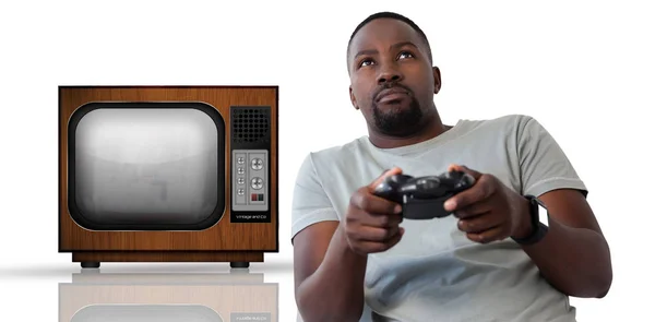 Muž Hraje Videohry Proti Bílému Pozadí Proti Retro — Stock fotografie