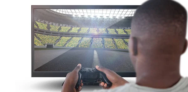 Ember Játszik Videó Játék Ellen Közelről Üres Számítógép Monitor Fehér — Stock Fotó
