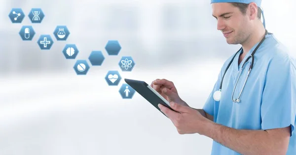 Digital Composite Male Doctor Holding Tablet Medical Interface Hexagon Icons — Stock Photo, Image