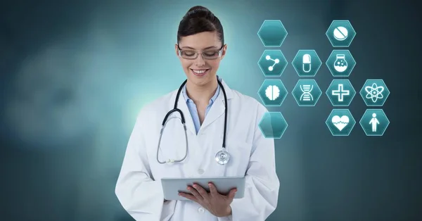 Digitális Kompozit Női Orvos Gazdaság Tabletta Orvosi Felület Hatszög Ikonok — Stock Fotó