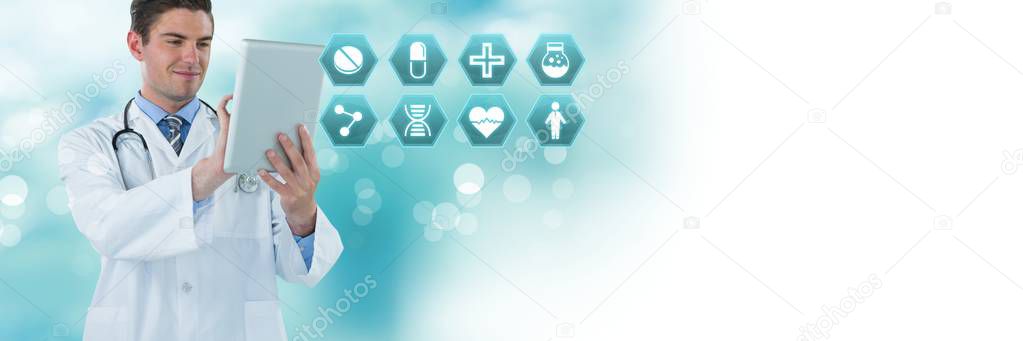 Digital composite of Male doctor holding tablet with medical interface hexagon icons