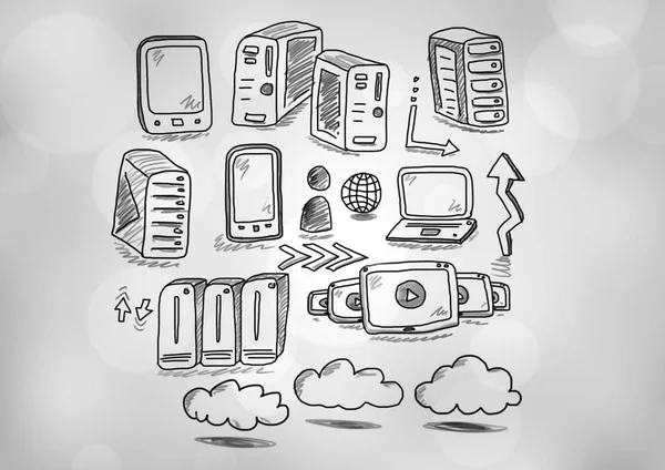 Digitale Composiet Van Servers Netwerk Tekening Doodles — Stockfoto