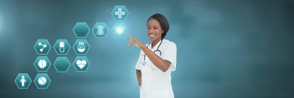 Composite Numérique Médecin Féminin Interagissant Avec Interface Hexagonale Médicale — Photo